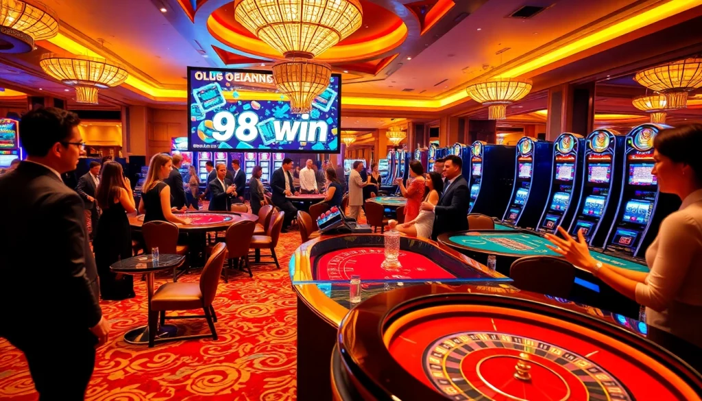 98 win celebration at a casino where players enjoy winning on vibrant slot machines and thrilling table games.